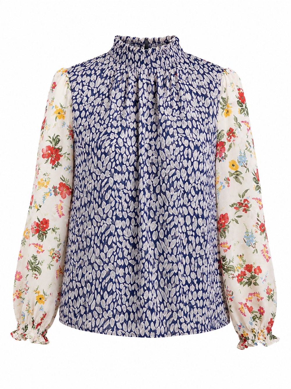 fab'rik Navy Printed Mock-Neck Blouse with Floral Ivory Sleeves